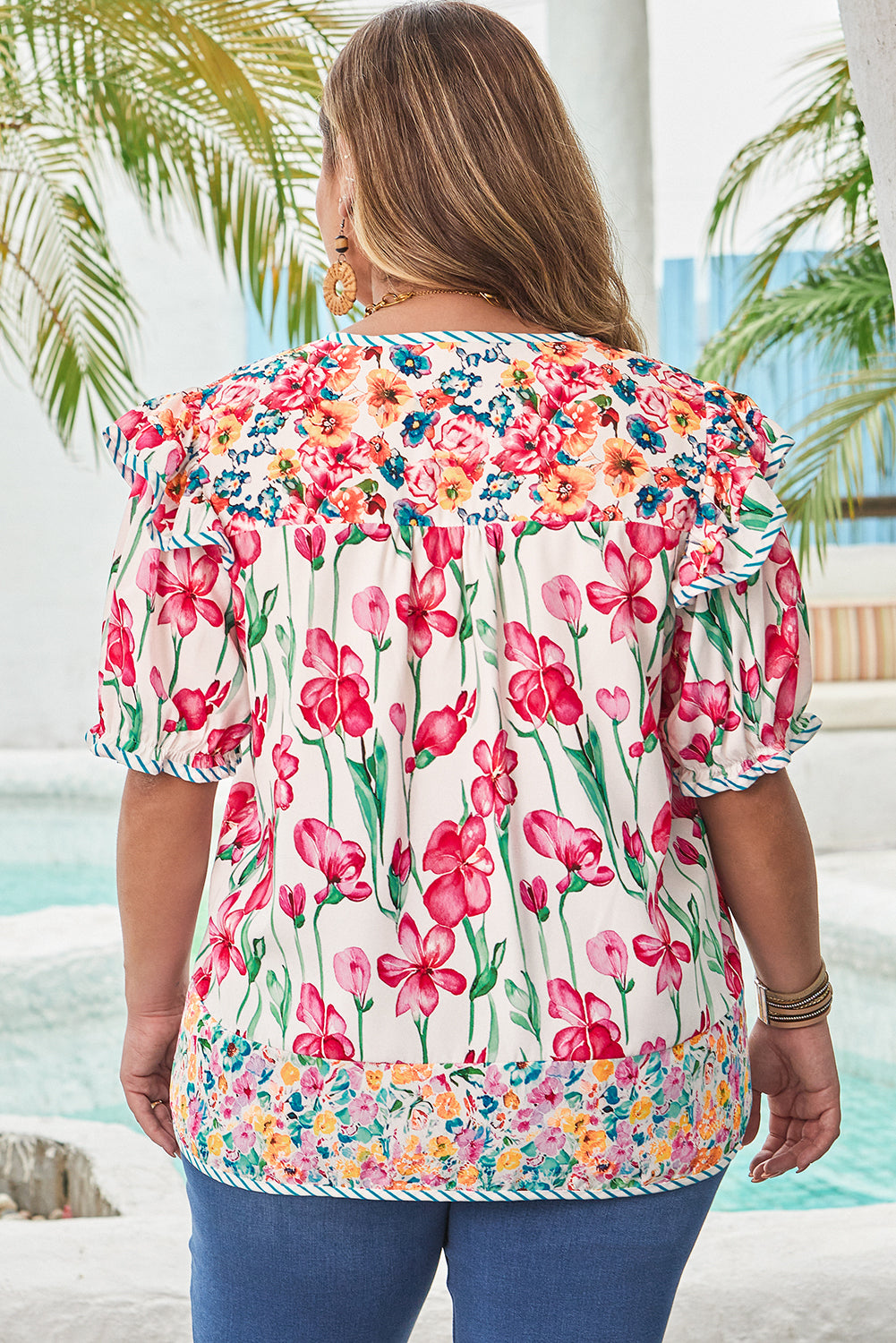 Pink Plus Size Floral Print Striped Trim V Neck Blouse