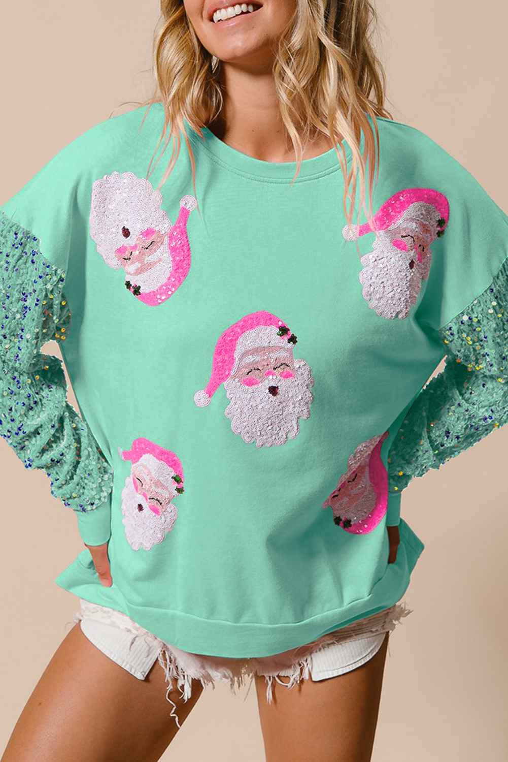 Pink Sequined Santa Claus Long Sleeve Christmas Sweatshirt
