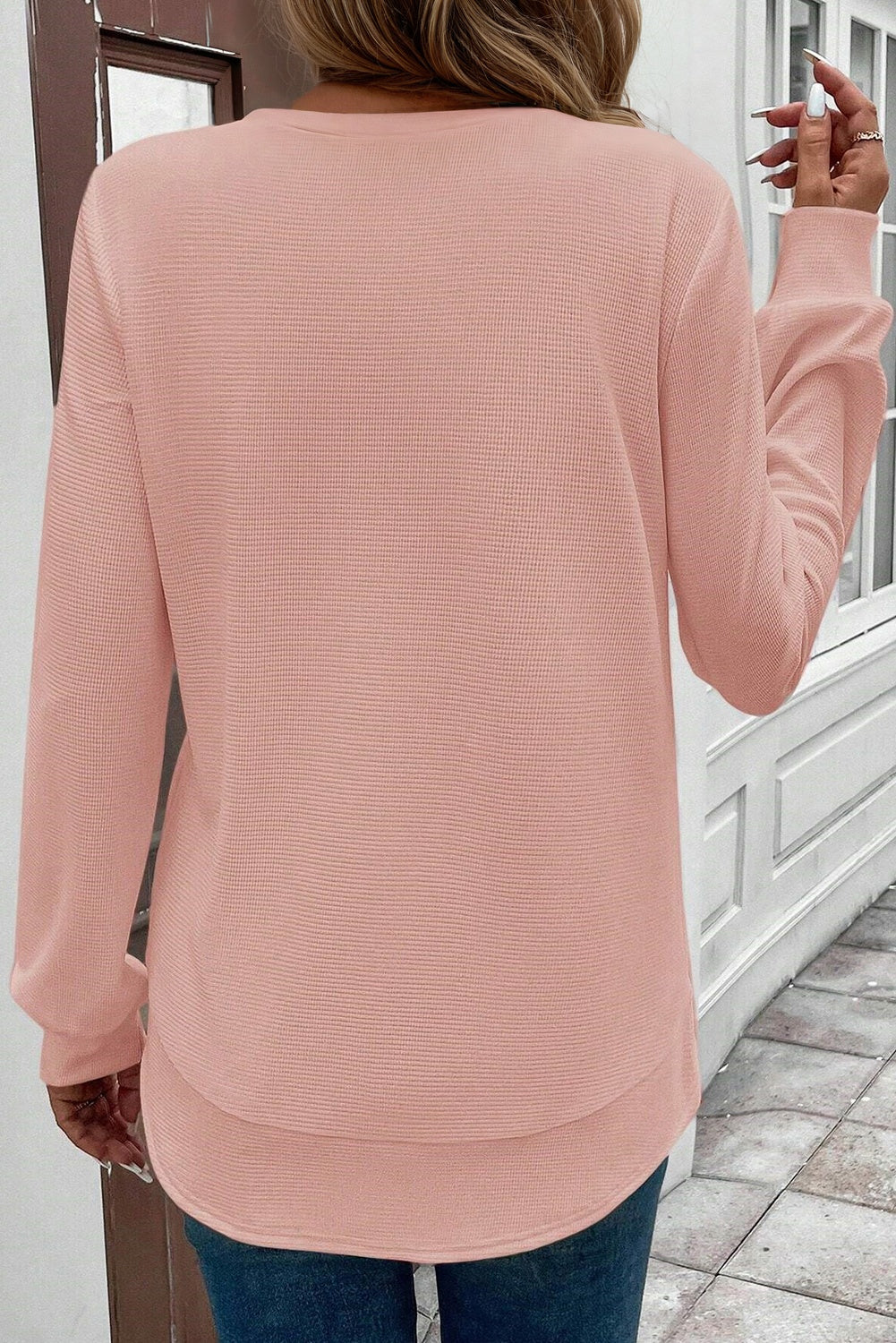 White Rounded Hem Waffle Long Sleeve Top