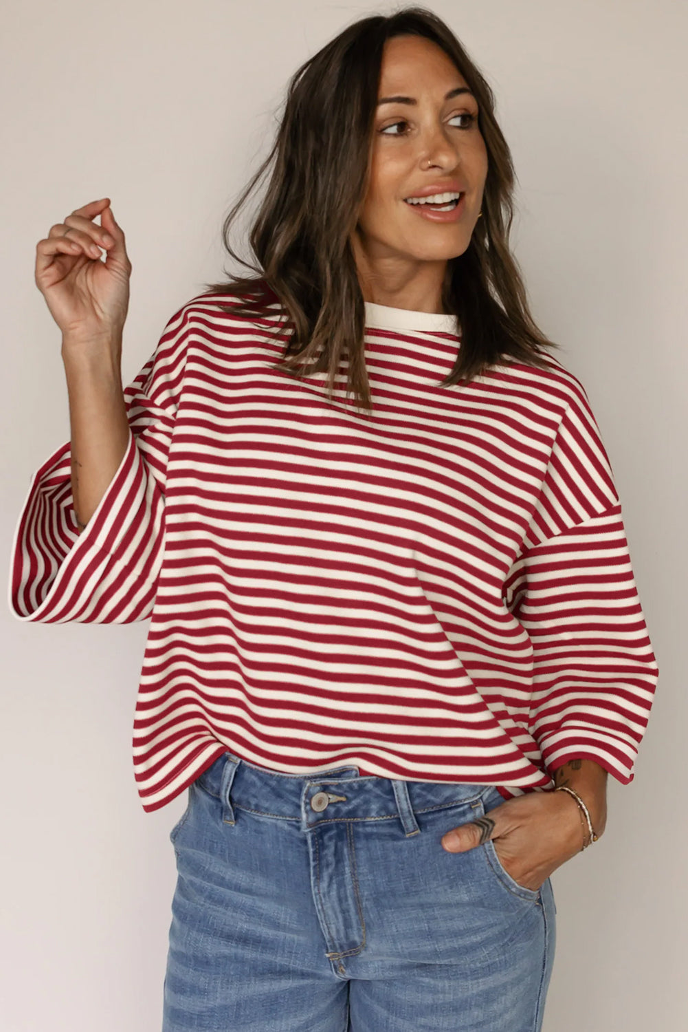 Red Stripe Bowknot Cutout Back Drop Shoulder Wide Bracelet Sleeve Loose Tee