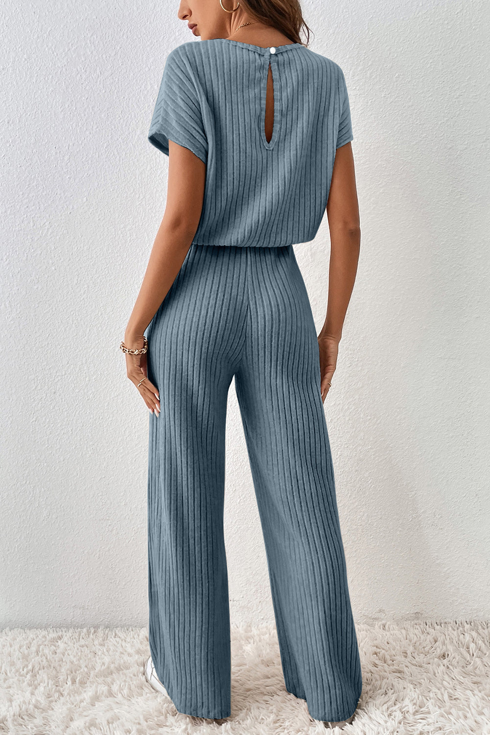 Oatmeal Ribbed Keyhole Short Sleeve Wide Leg Jumpsuit