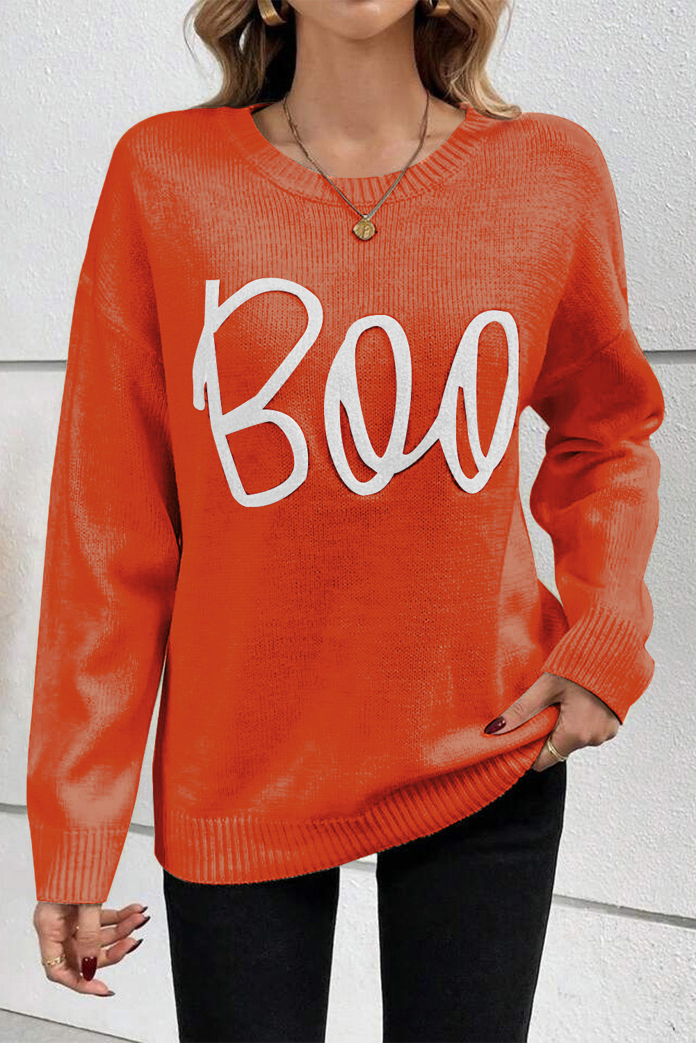Black Boo Knitted Pattern Ribbed Edge Drop Shoulder Sweater
