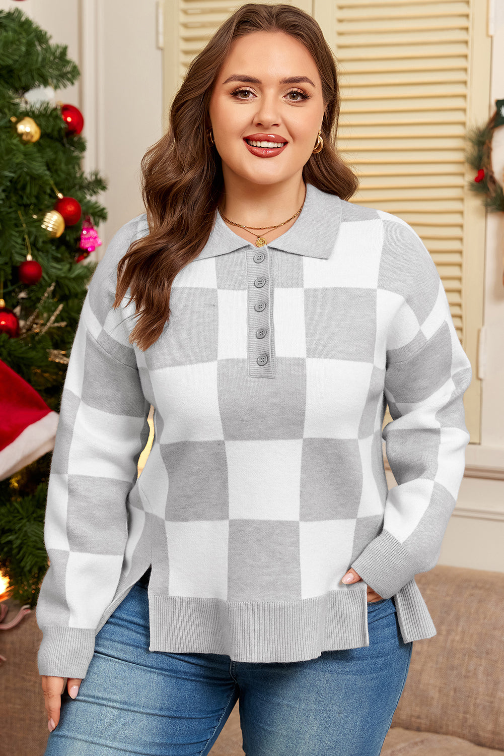 Gray Plus Size Checkered Pattern Button Polo Collar Split Sweater