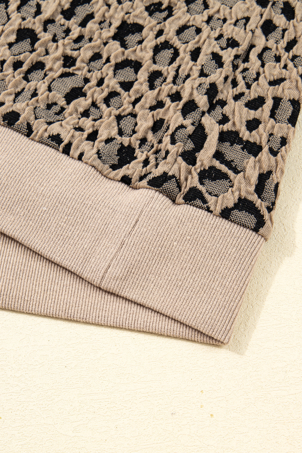 Khaki Leopard Textured Ribbed Trim Plus Size Long Sleeve Top