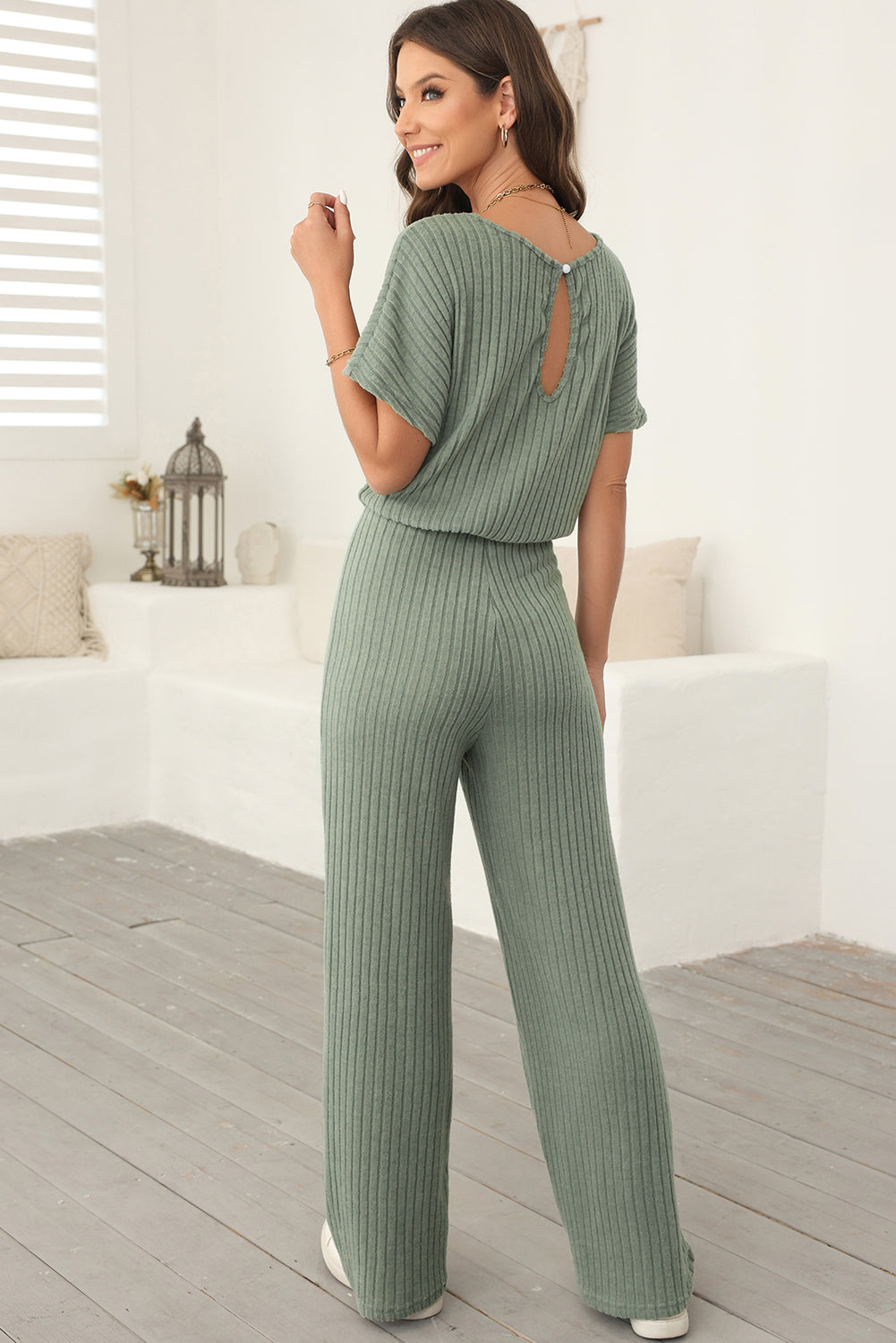 Oatmeal Ribbed Keyhole Short Sleeve Wide Leg Jumpsuit