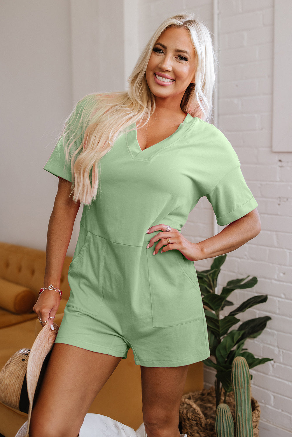 Bonbon Loose Half Sleeve V Neck Knit Romper