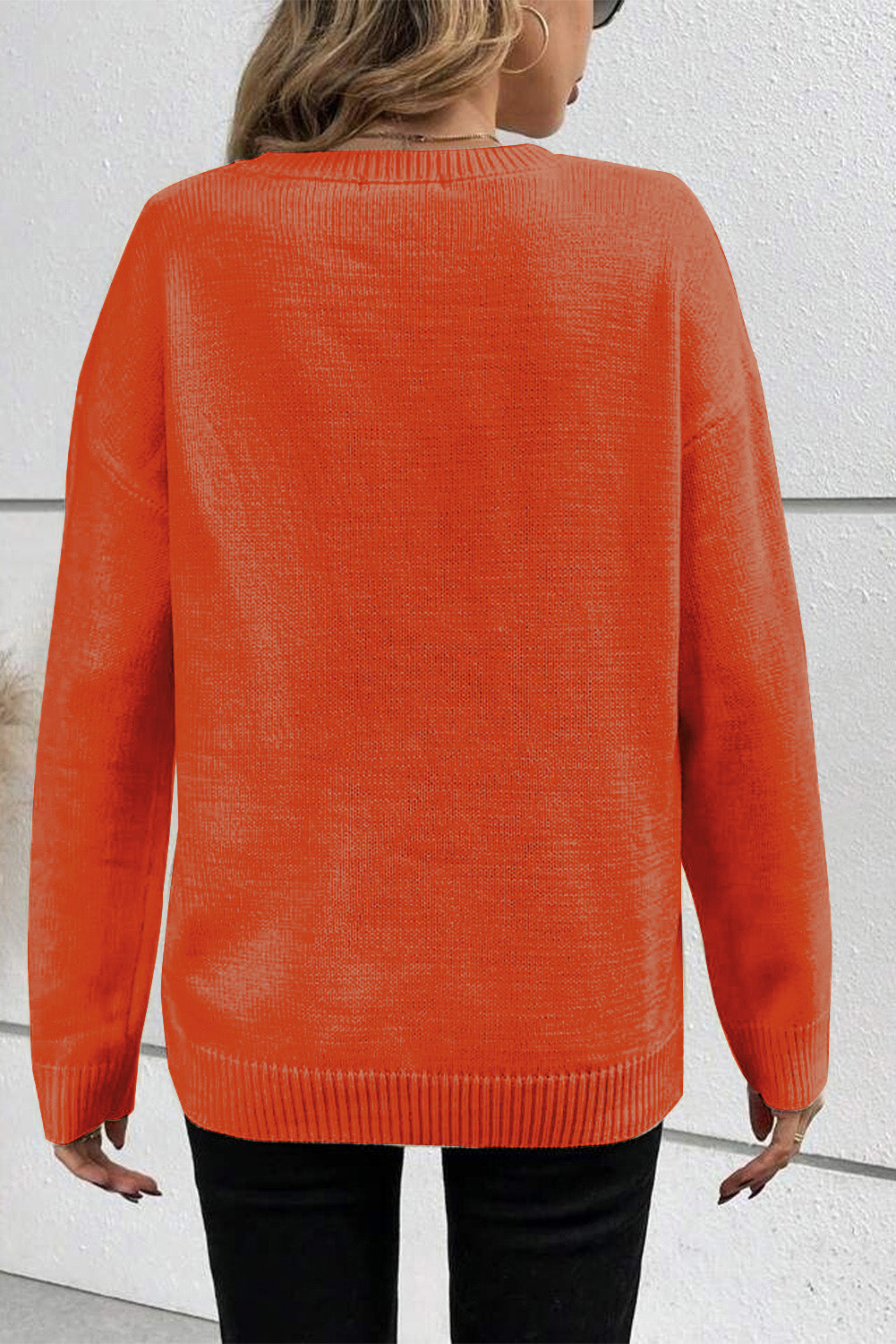 Black Boo Knitted Pattern Ribbed Edge Drop Shoulder Sweater