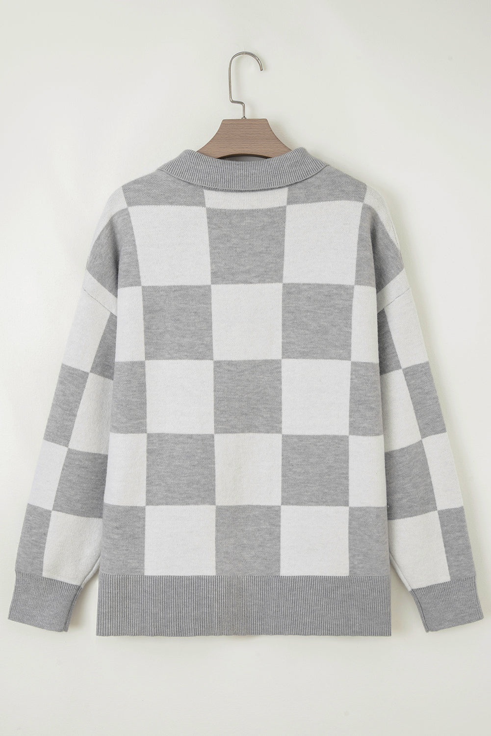 Gray Plus Size Checkered Pattern Button Polo Collar Split Sweater