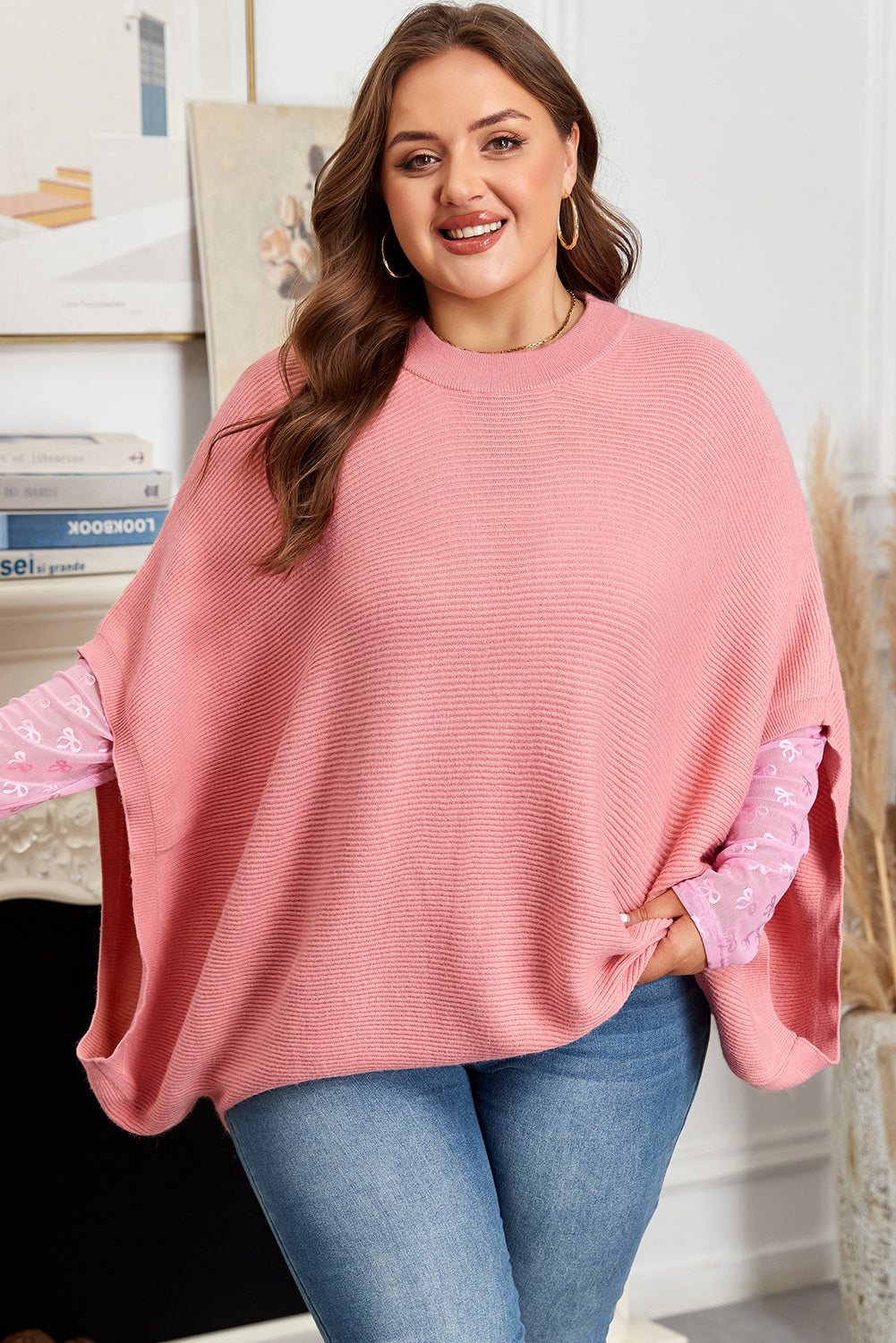 Light Pink Ribbed Knit Half Sleeve Plus Size Poncho Style Sweater