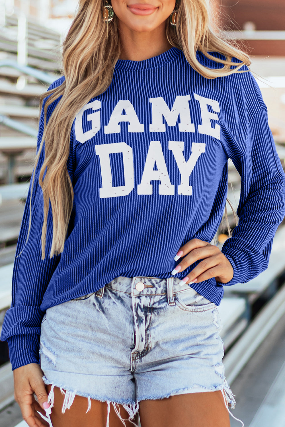 Dark Grey Corded GAME DAY Graphic Long Sleeve Crewneck Top