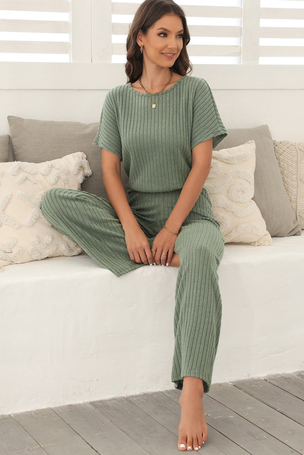 Oatmeal Ribbed Keyhole Short Sleeve Wide Leg Jumpsuit