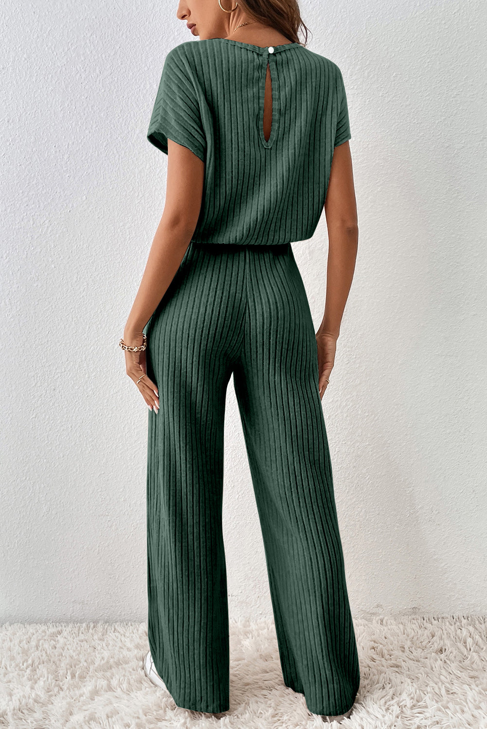 Oatmeal Ribbed Keyhole Short Sleeve Wide Leg Jumpsuit