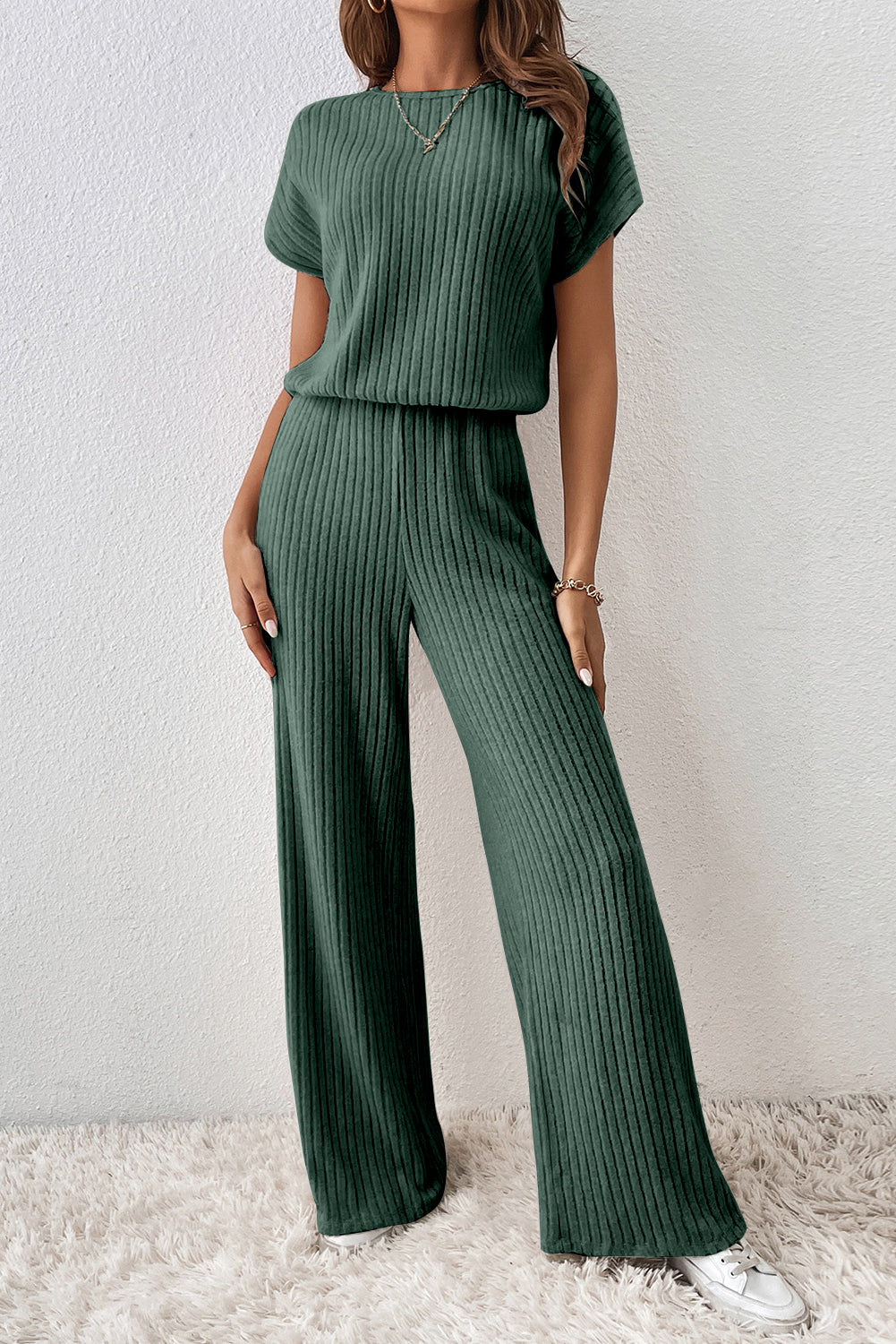 Oatmeal Ribbed Keyhole Short Sleeve Wide Leg Jumpsuit