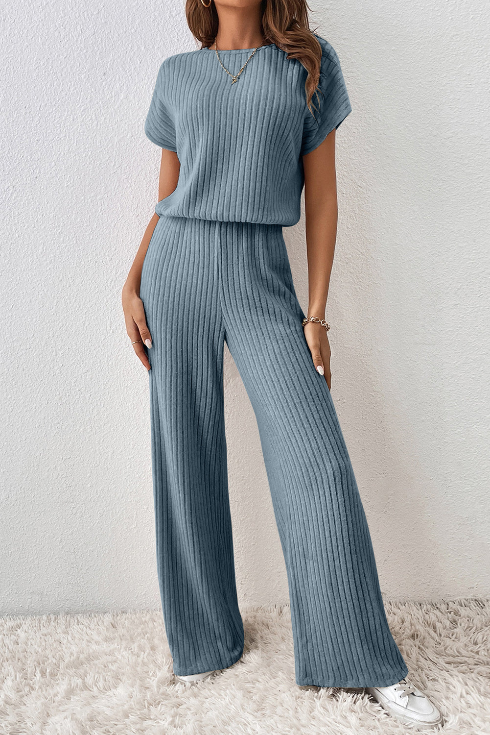 Oatmeal Ribbed Keyhole Short Sleeve Wide Leg Jumpsuit