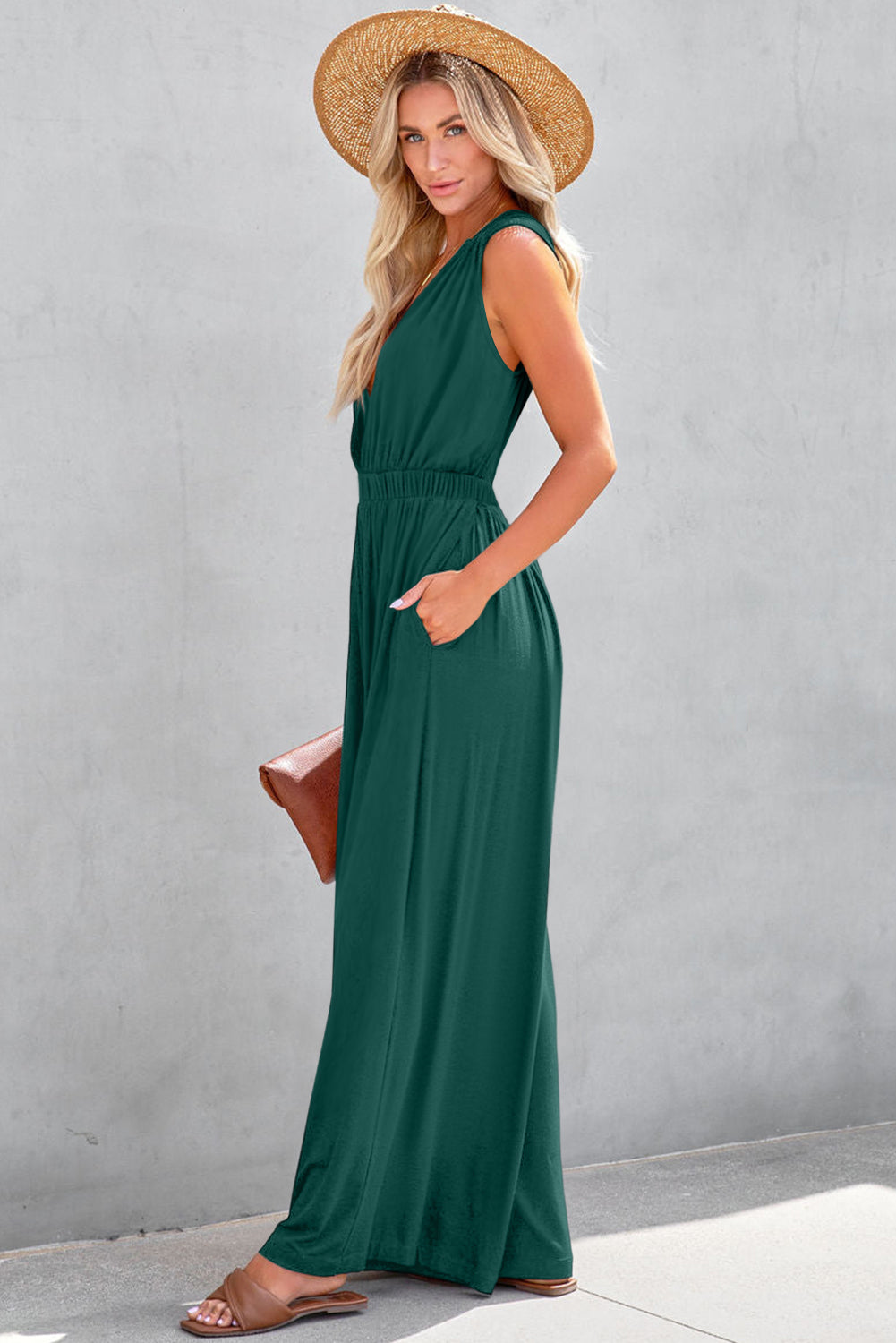 Black Deep V Pleated Crisscross Wide Leg Backless Jumpsuit