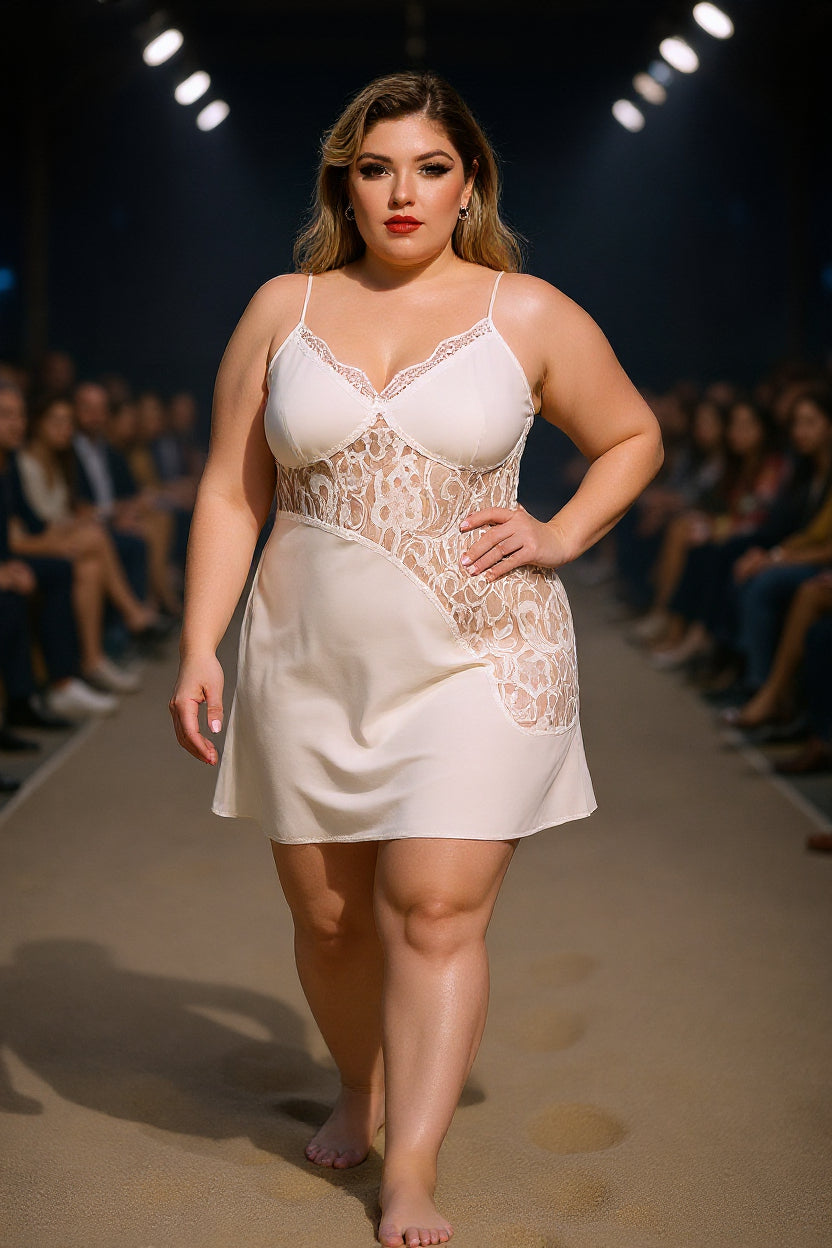 Womens Casual Loose Plus-Size Satin Lace V-Neck Dress